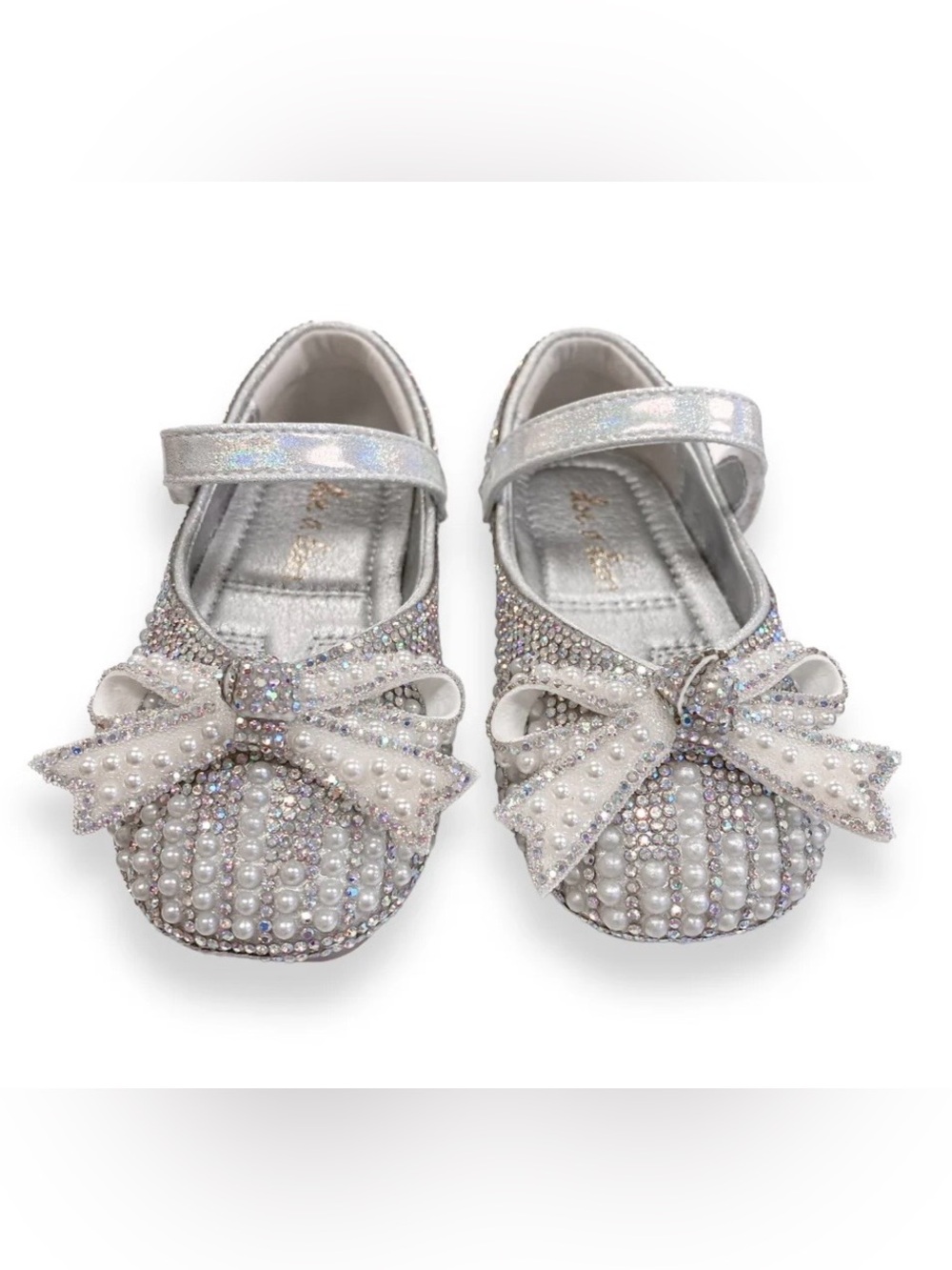 Doe A Dear Girls Silver Pearls and Rhinestones Bows Mary Jane Shoes 22/6 NWT